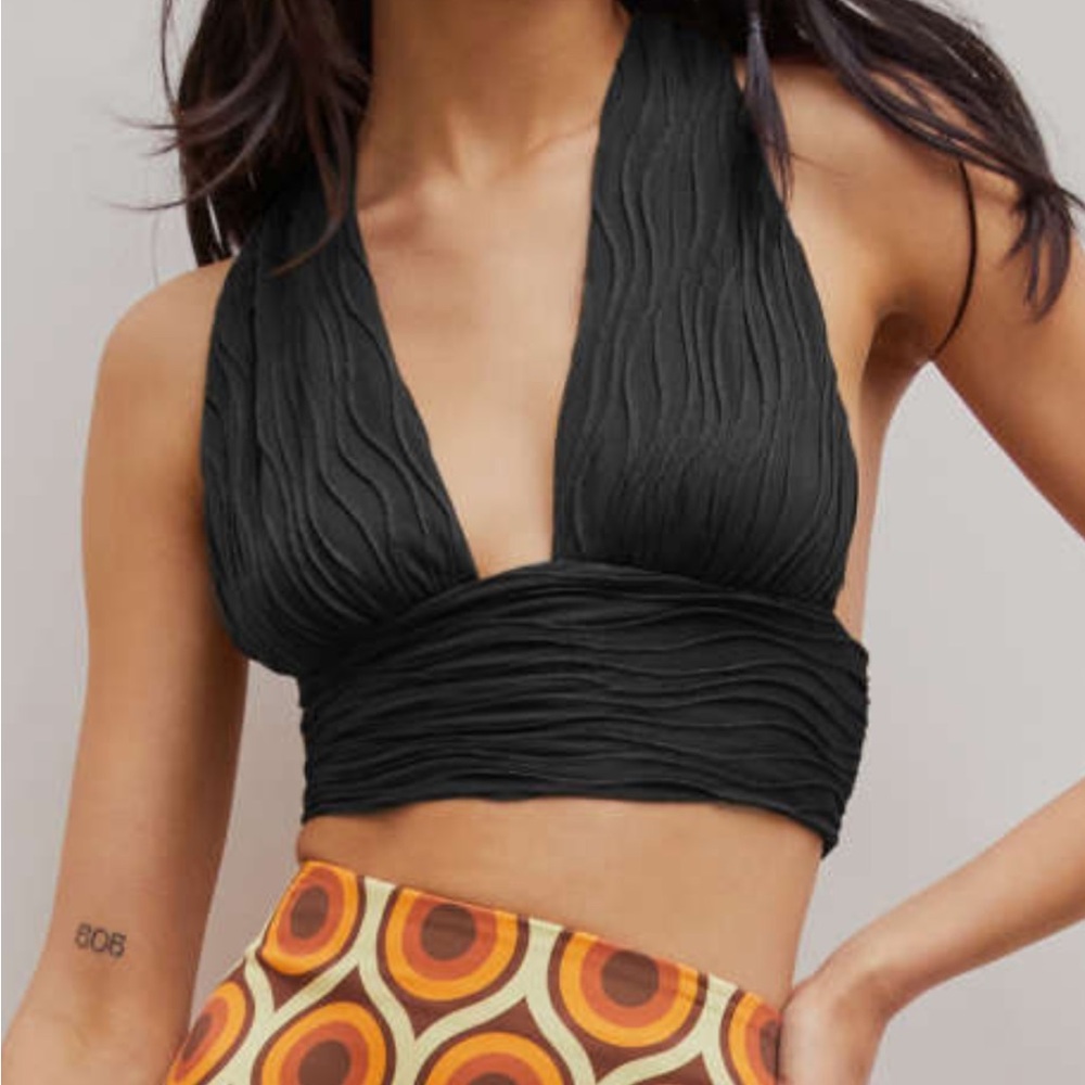 Cider Black Ruched Crop Tank Top with knot back detail